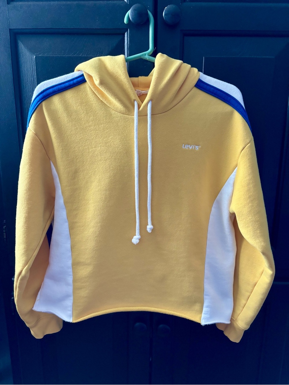 Levi's Yellow Hooded Colorblock Sweatshirt with Blue Stripes